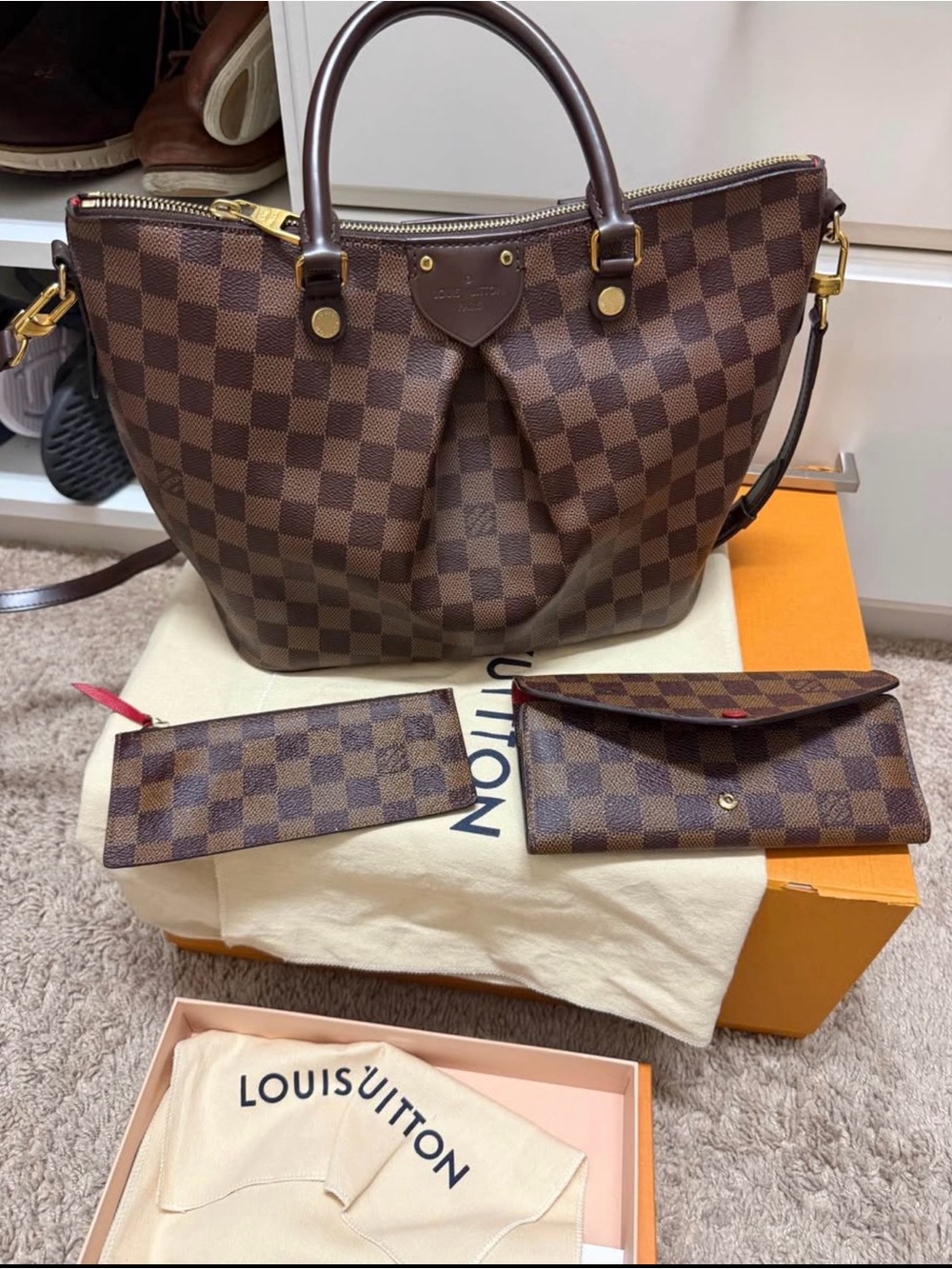 Louis Vuitton Brown Damier Ebene Canvas Tote with Matching Pouches